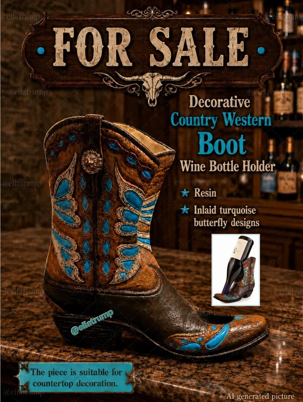 Decorative Country Western Boot Wine Bottle Holder Resin w Inlaid Turquoise